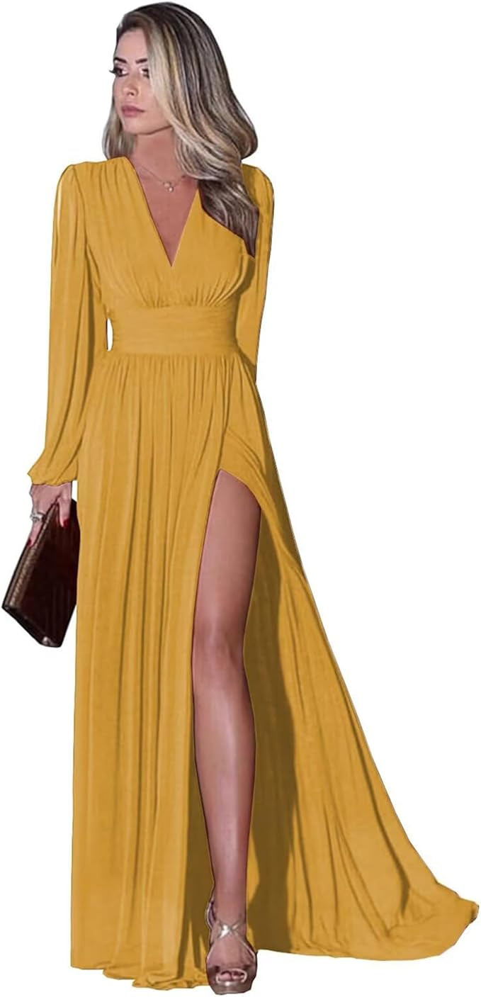 Women's Long Sleeve Bridesmaid Dresses - V Neck Wedding Guest Dress Pleated A Line Long Formal Ev... | Amazon (US)