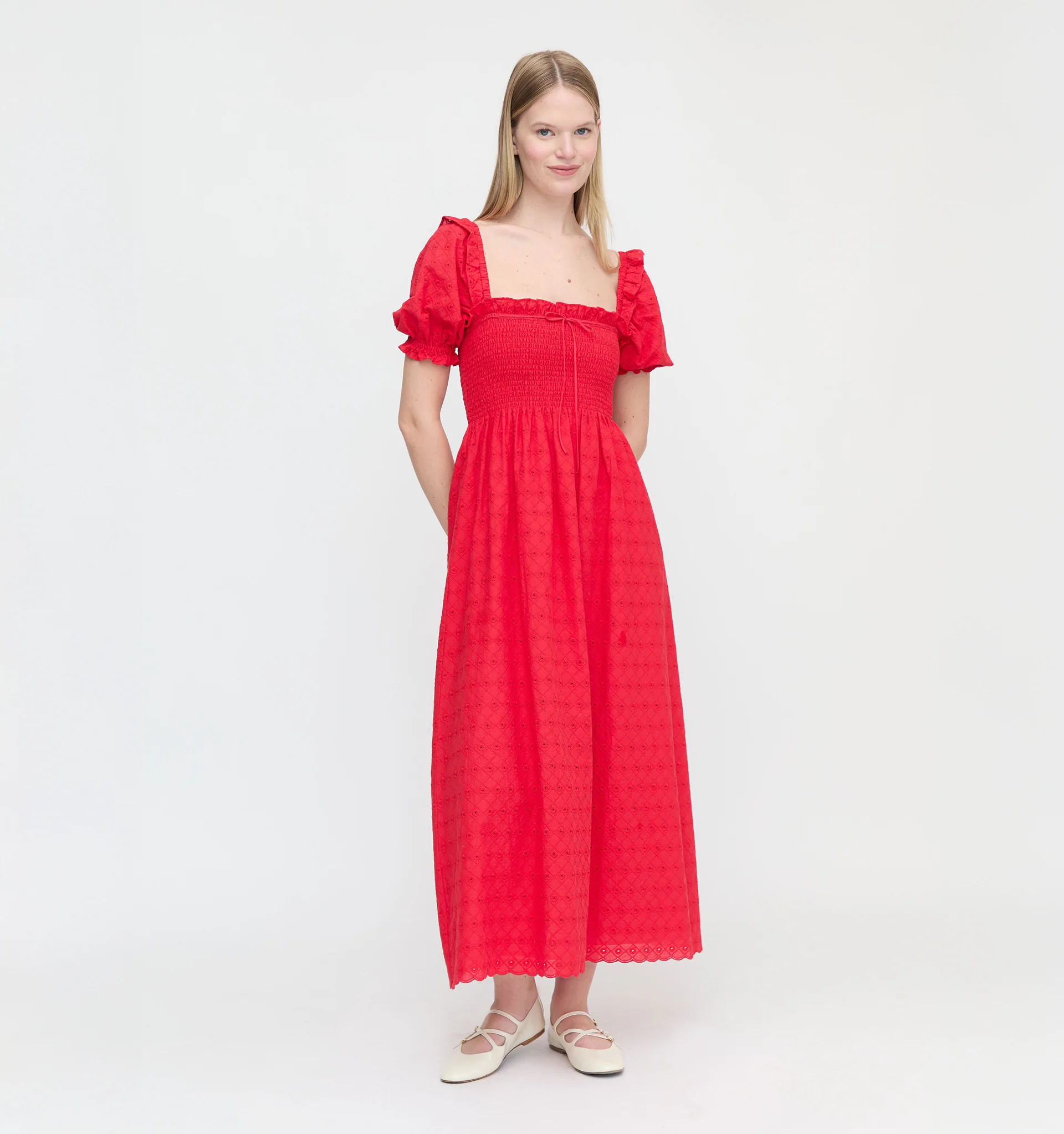 The Scarlett Nap Dress - Red Daisy Check Eyelet | Hill House Home US