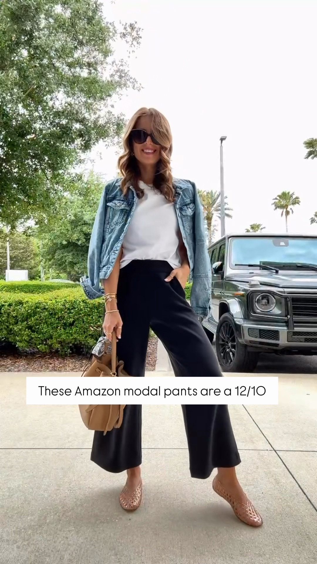Travel outfit. Elevated casual. I just love these new wide leg modal blend pants! Wearing XXS and has 25” inseam. So soft and comfortable for travel, everyday, and the office, too. The best white t-shirt in XS. XS in denim jacket. Jelly ballet flats are TTS. Tory Burch Romy Bucket bag.

#LTKootd #LTKTravel #LTKPetite