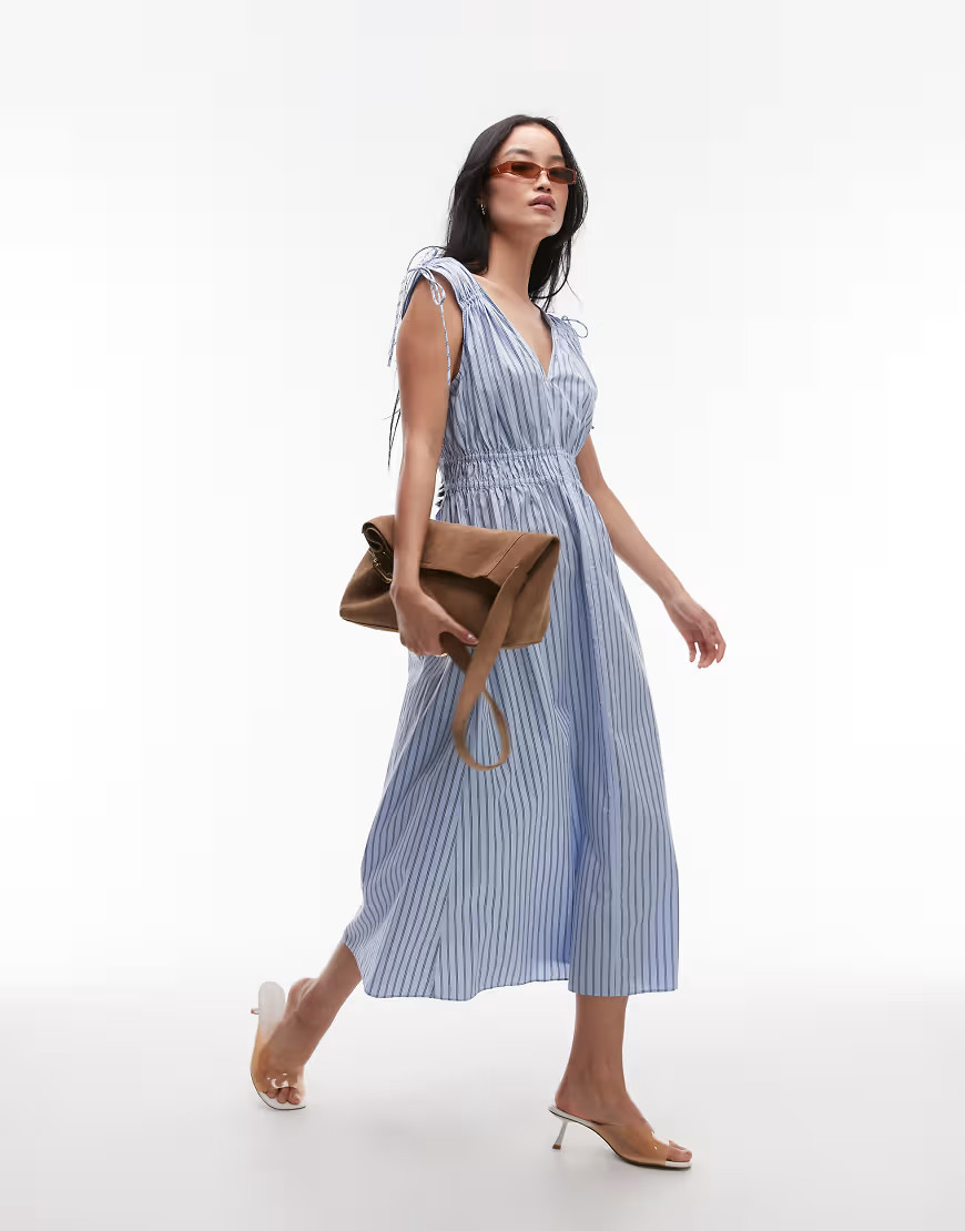 & Other Stories midaxi dress with ruche tie shoulder detail in blue stripes | ASOS (Global)