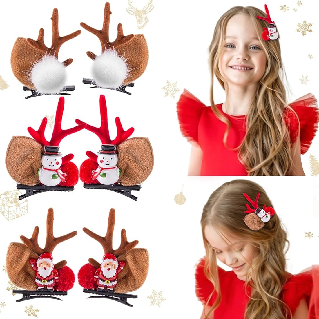 Delightful Christmas Antlers Hair Clips - 3 Pairs Christmas Hair Accessories, Reindeer Hair Bows ... | Amazon (US)
