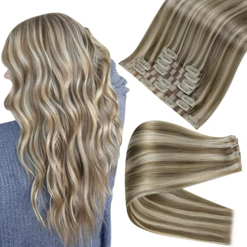 Full Shine Seamless Hair Extensions Clip in Brown Highlights Ash Brown Mix Platinum Blonde Clip in Hair Extensions Thick Ends Ease of Use 16 Inch 8 PCS 120 Grams | Amazon (US)