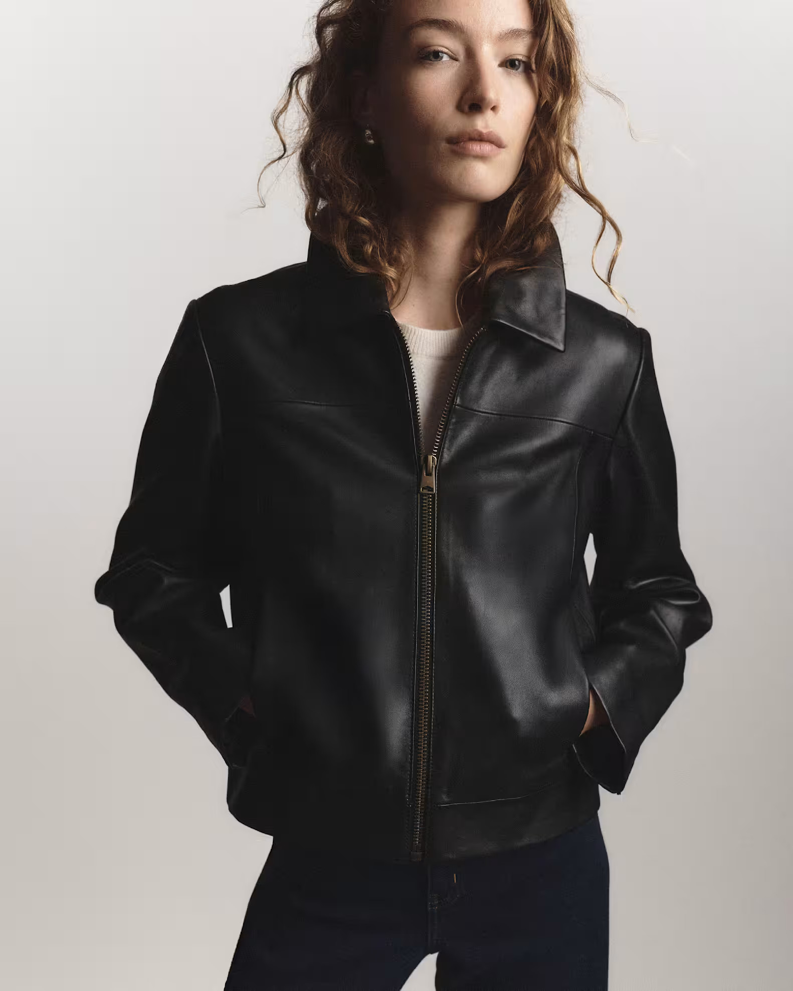 100% Leather Cropped Zip-Front Jacket in True Black | Quince