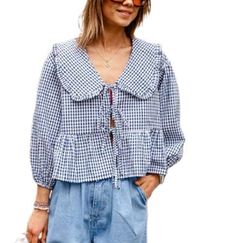 Tie Front Peplum Tops for Women Lapel Doll Collar Blouse Y2k Bow Top Puff Sleeve Shirt Cute Going Out Babydoll Tops | Amazon (US)