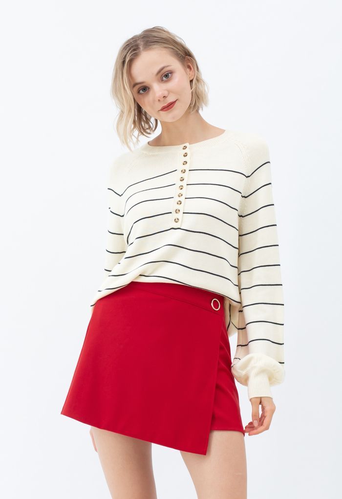 Striped Button Knit Sweater in Cream | Chicwish