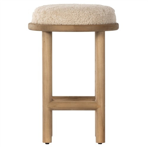 Sawyer Rustic Lodge Beige Upholstered Shearling Brown Wood Counter Stool | Kathy Kuo Home