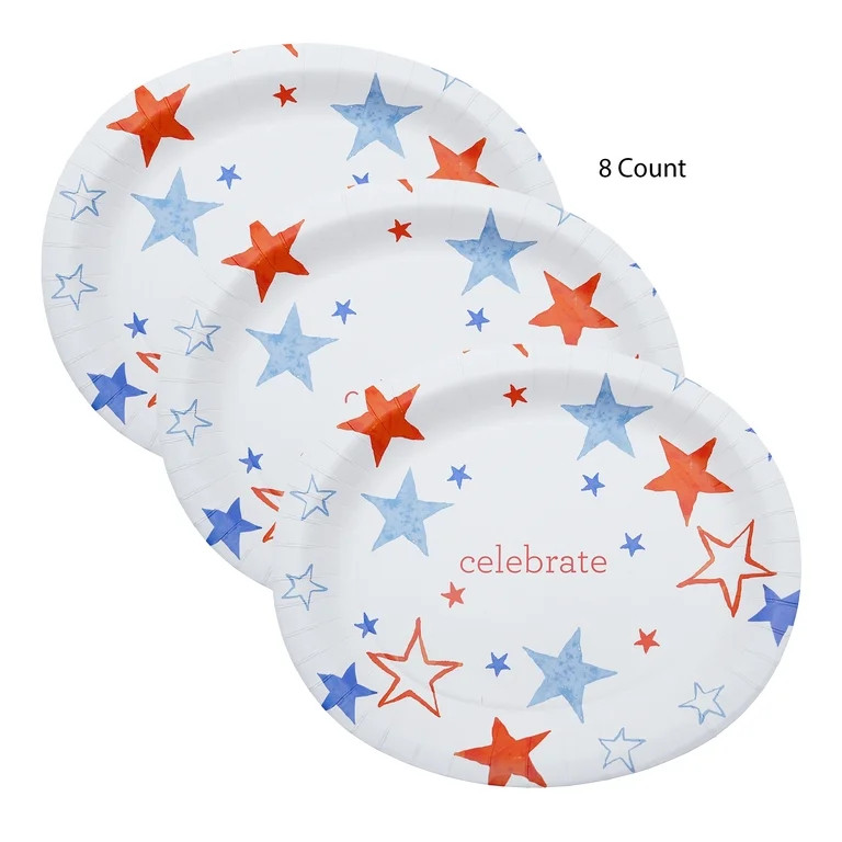 Red/White/Blue Celebrate Stars Oval Disposable Paper Plates, 12" x 10", 8 Count, Patriotic by Way... | Walmart (US)
