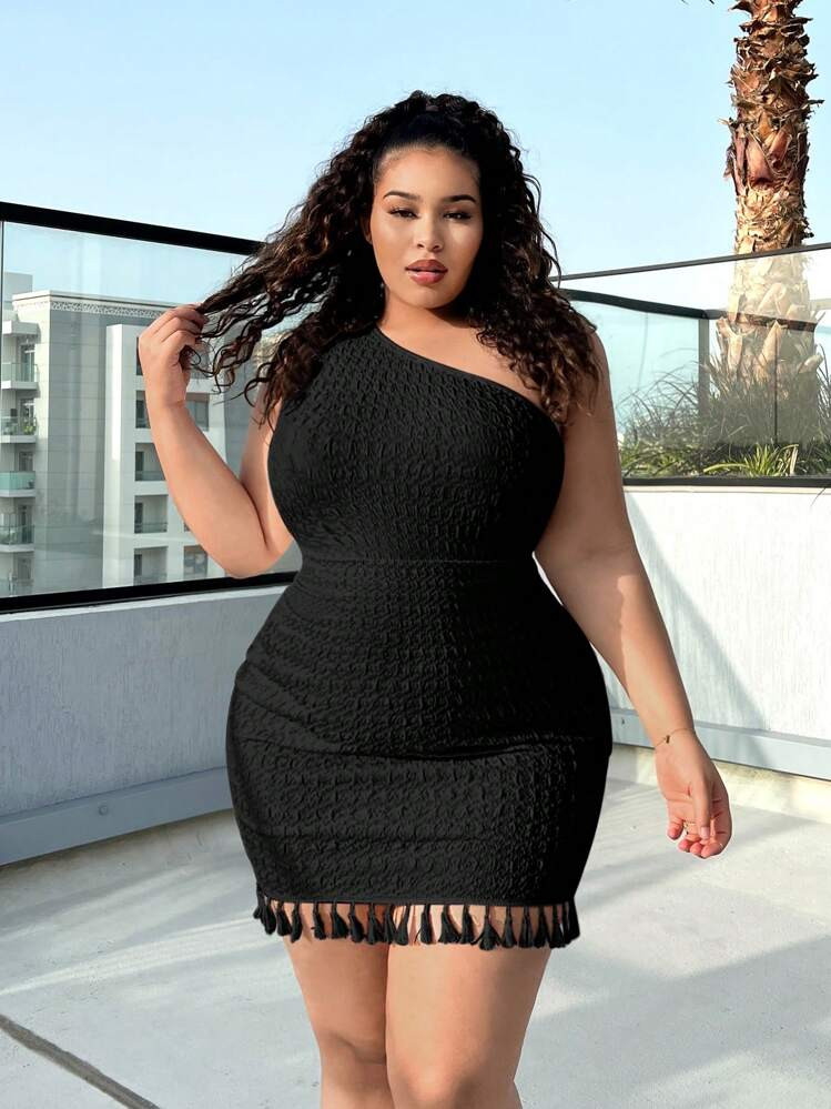 SHEIN SXY Plus Size Color One Shoulder Tassel Trim Bodycon Dress, Summer Beach Vacation, Beach Dress Sundress, Holiday Outfits Boho | SHEIN