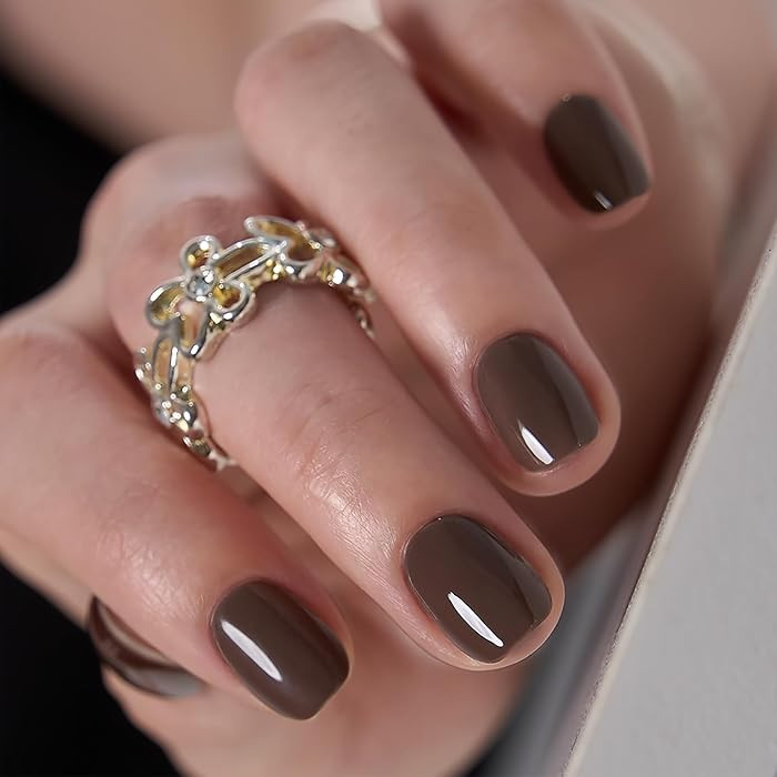 CurvLife Extra Short Square Press On Nails, Umber Satin Brown, Soft Gel | Amazon (US)