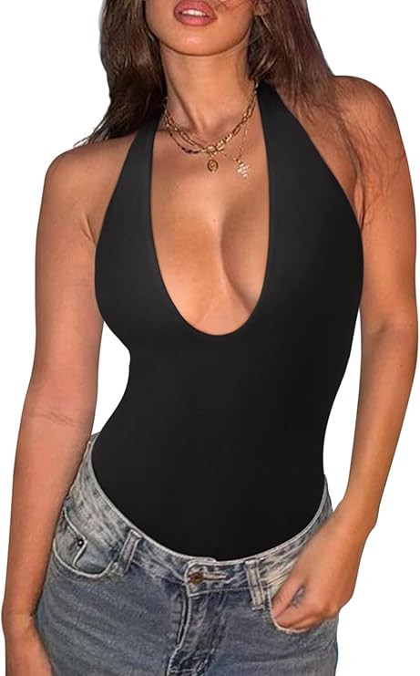 REORIA Bodysuits for Women Halter Tops 2025 Summer V Neck Backless Body Suits Tank Top Trendy Fas... | Amazon (US)