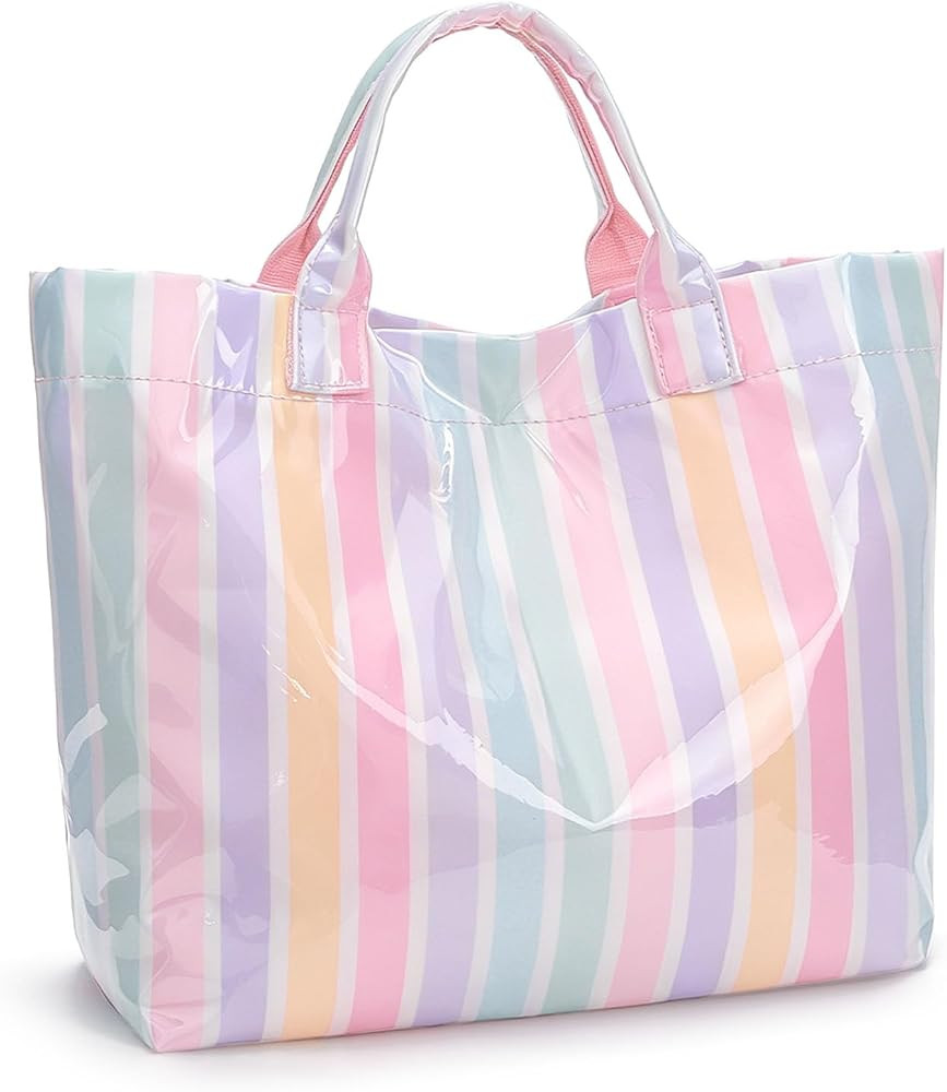 Striped PVC Tote Bag Large Glossy Striped Handbags Waterproof Top Handle Bag Plastic Tote Handbag... | Amazon (US)