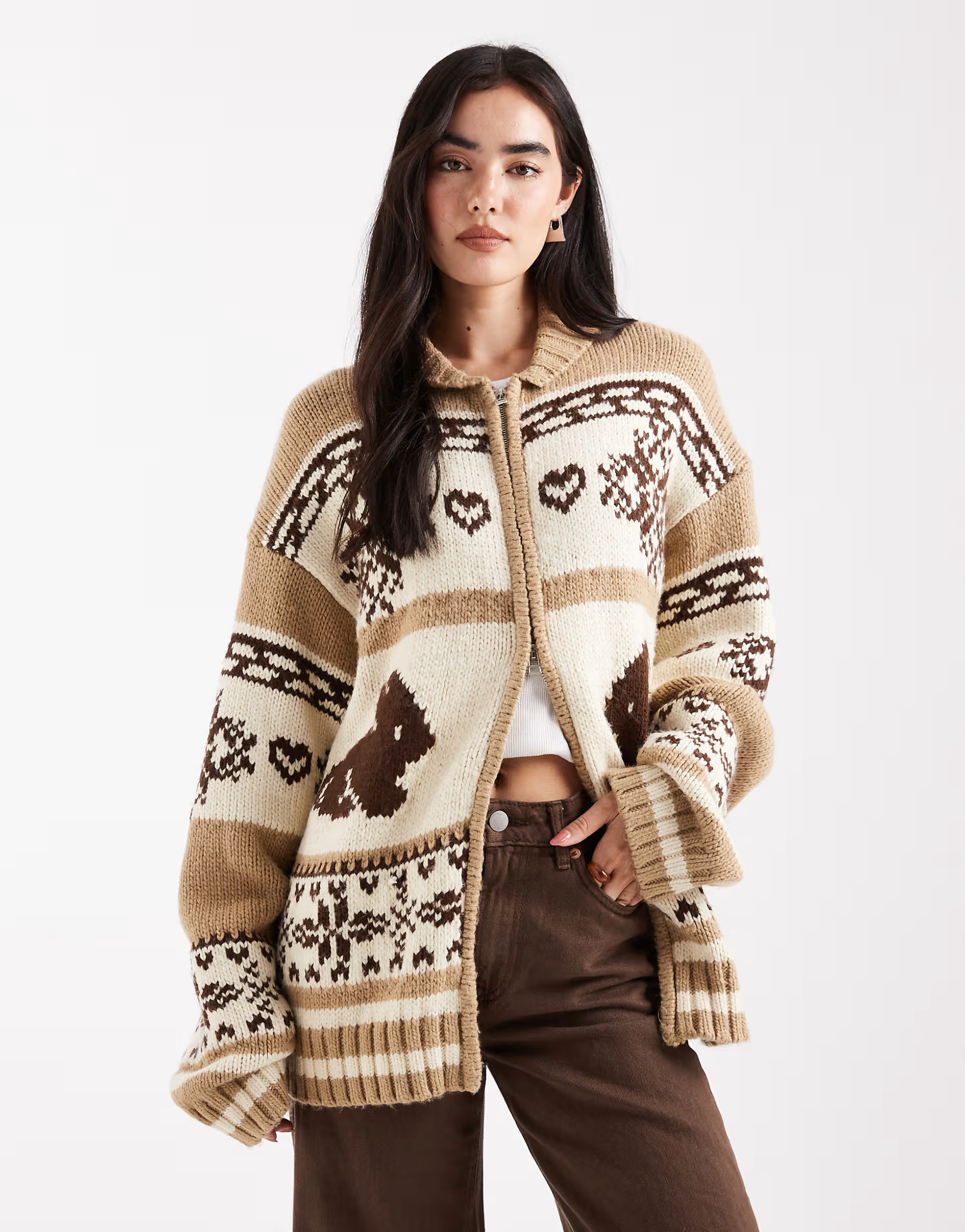 Daisy Street zip up oversized cardigan with bunny graphic in brown multi | ASOS (Global)