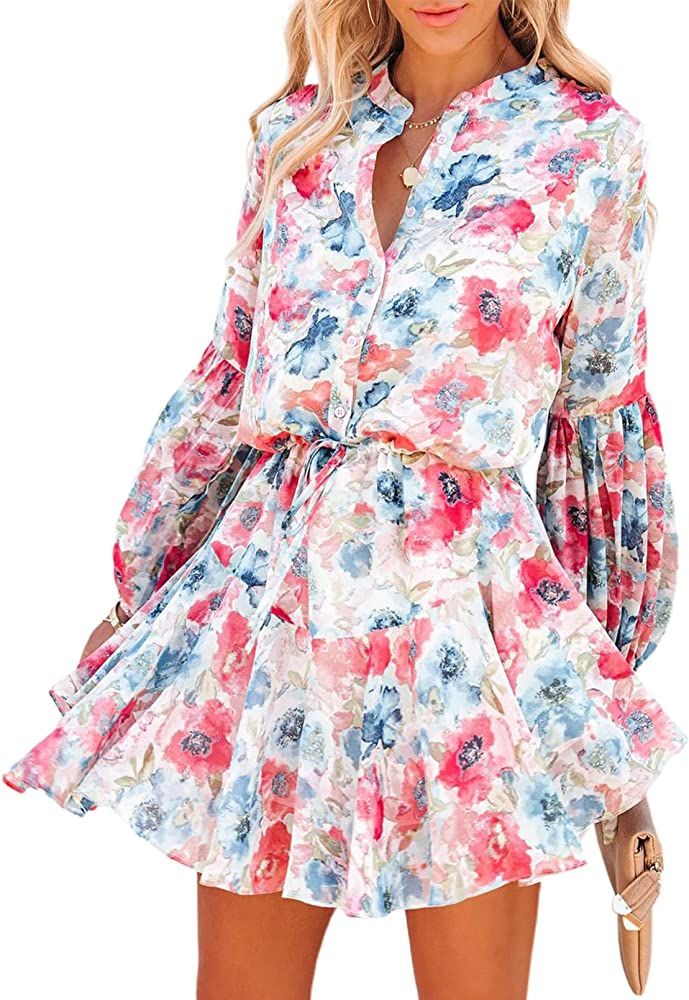 AlvaQ Womens Fall Summer Ruffle Lantern Sleeve Button Down Tie Waist Floral Print Swing Mini Dres... | Amazon (US)