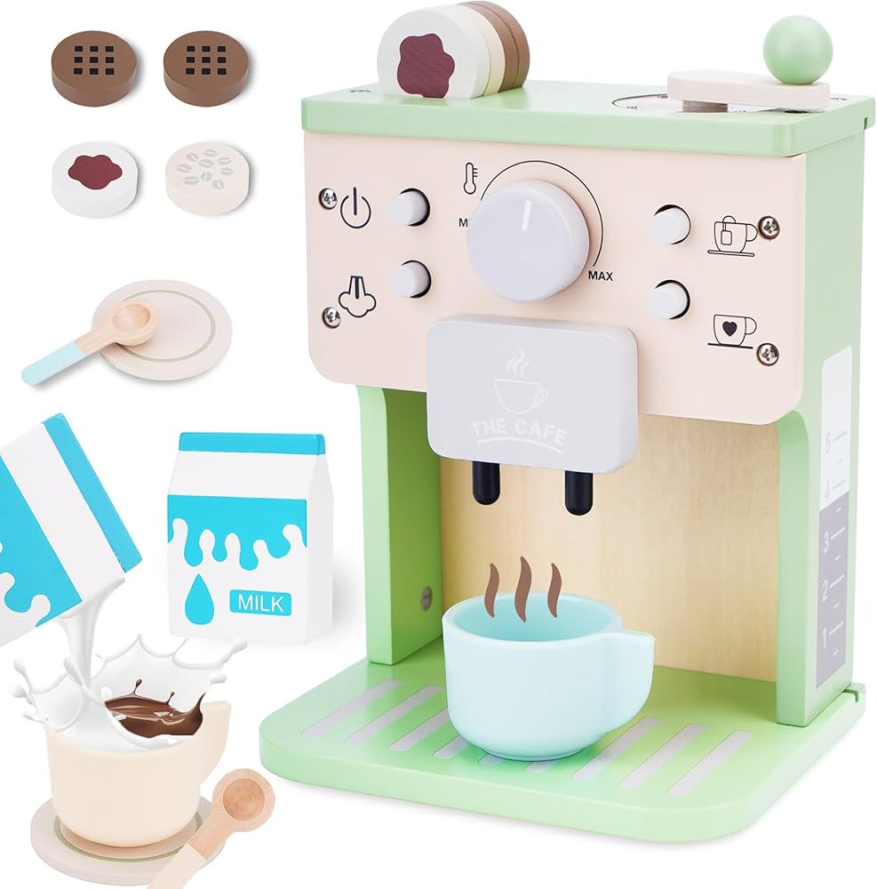 Coffee Maker for Kids, 12Pcs Kids Coffee Playset Pretend Play Toys, Wooden Play Kitchen Accessori... | Amazon (US)
