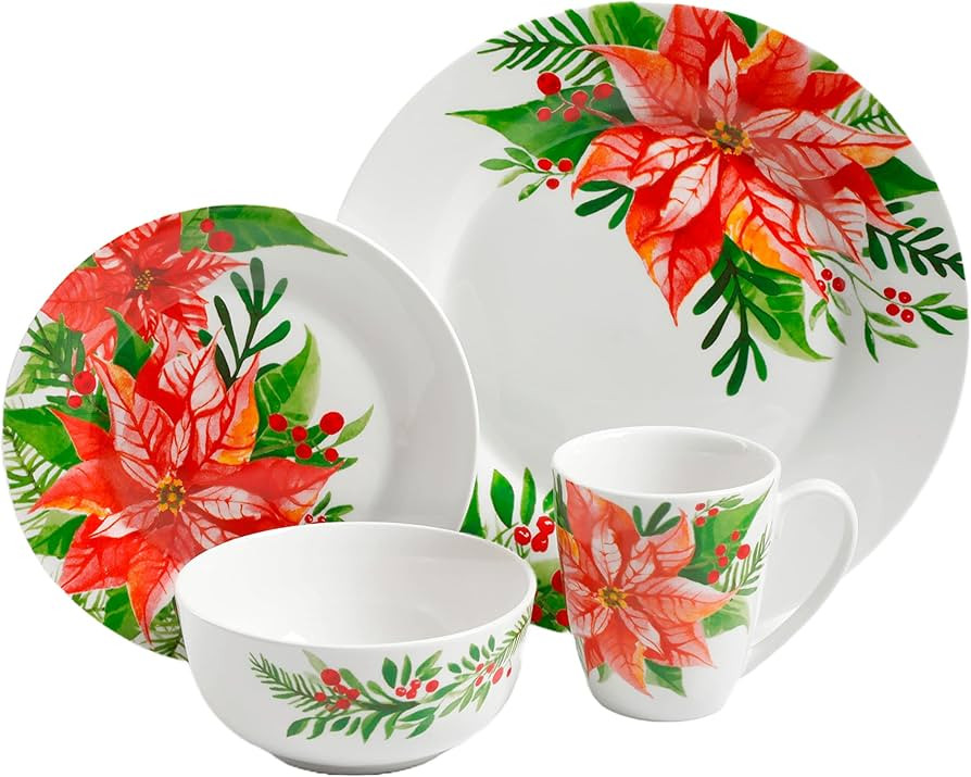 Gibson Home Magic Poinsettia Porcelain Dinnerware Set, Service for Four (16pcs) | Amazon (US)