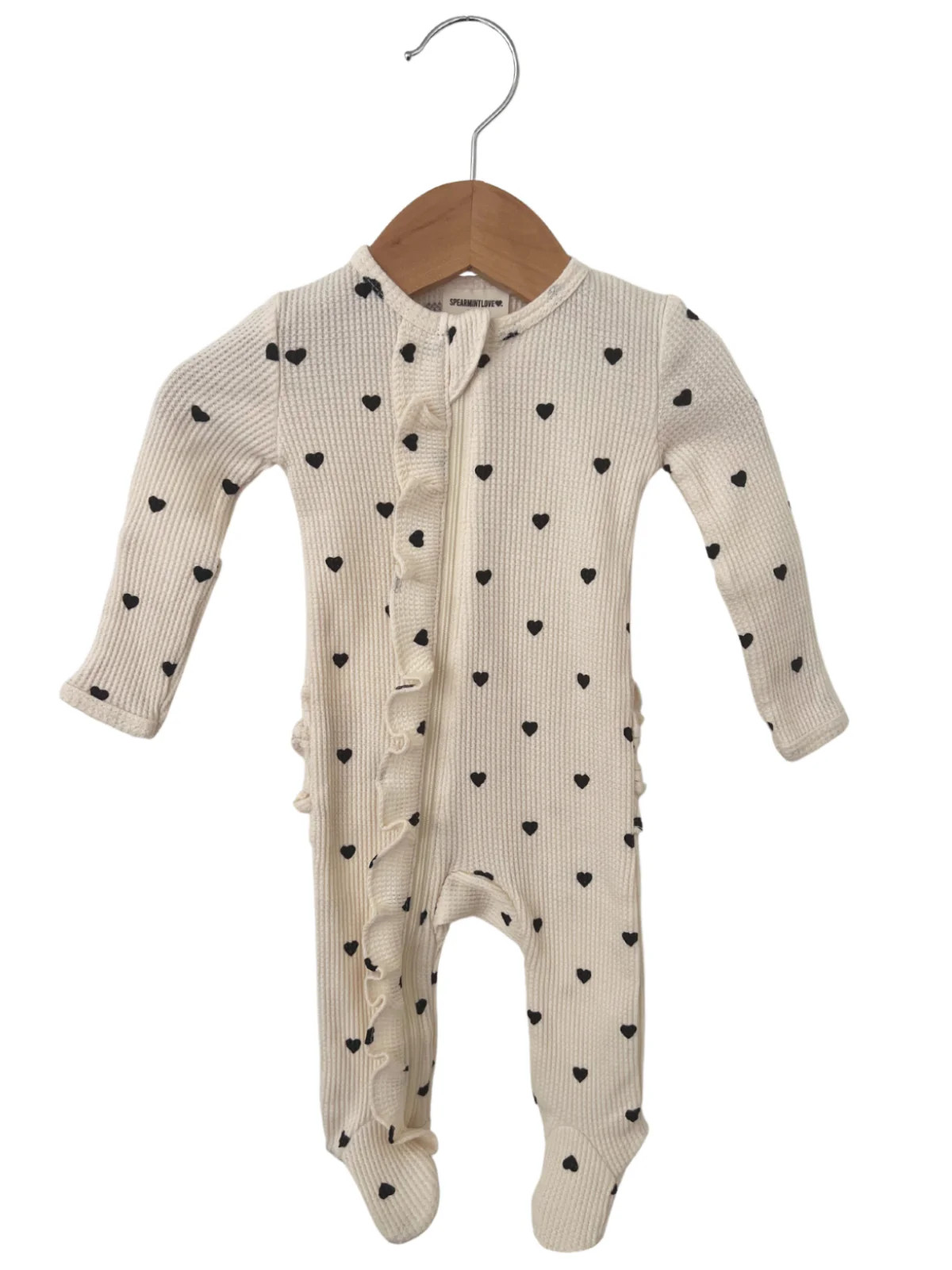 Organic Waffle Ruffle Zip Footie, Black Heart | SpearmintLOVE