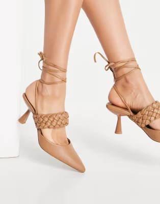 ASOS DESIGN Shani woven tie leg mid heel shoes in tan | ASOS (Global)