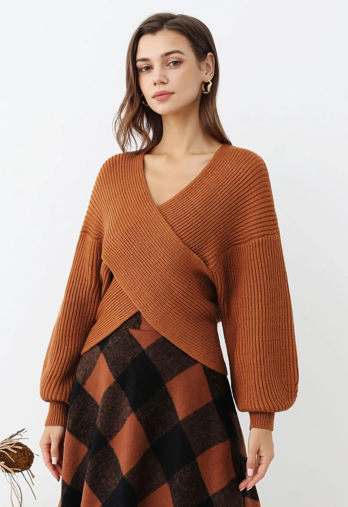 Crisscross Ribbed Knit Crop Sweater in Caramel | Chicwish