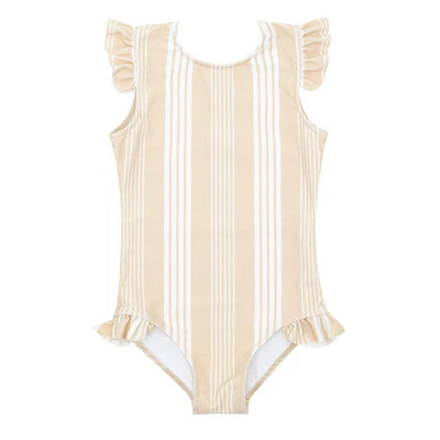 girls café stripe ruffle sleeve rashguard one piece | minnow
