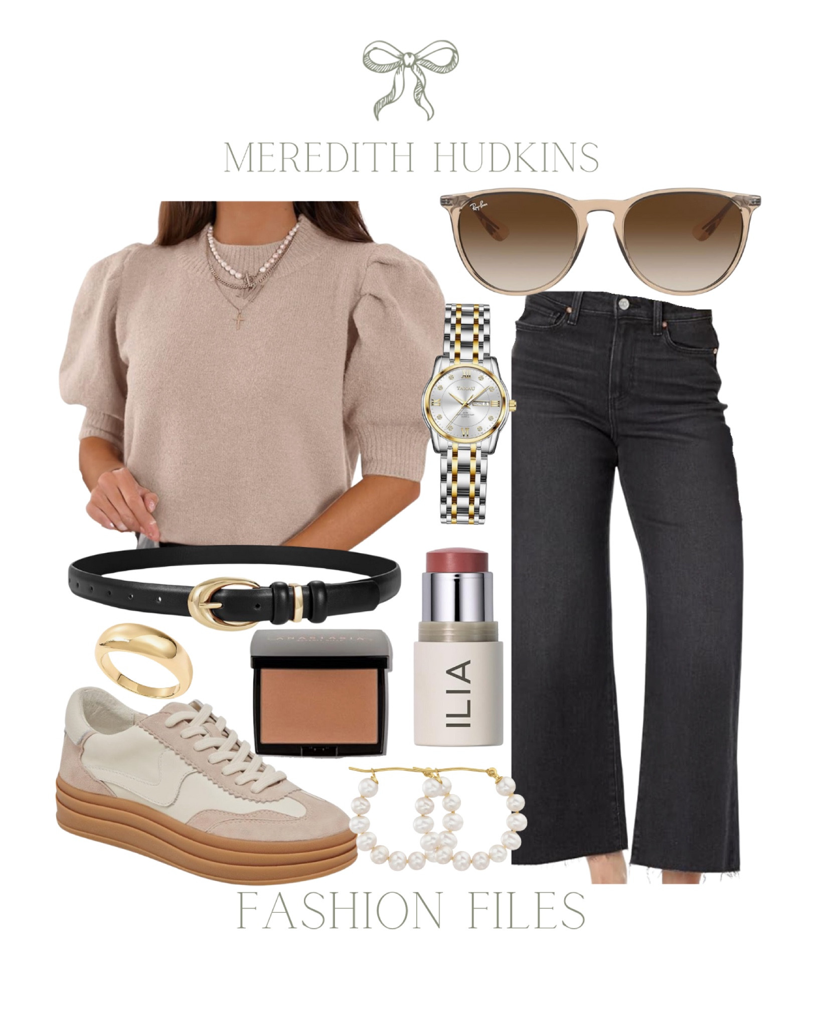 Women's Fashion, Meredith Hudkins, timeless, traditional, transitional fashion, fall fashion, trending, gold and silver watch, rayban sunglasses, puff sleeve top, short sleeve sweater top, women's top, dolce vita sneakers, pearl hoop earrings, black and gold belt, ilia blush, bronzer, paige jeans, gold ring

#LTKStyleTip #LTKSaleAlert #LTKFindsUnder100