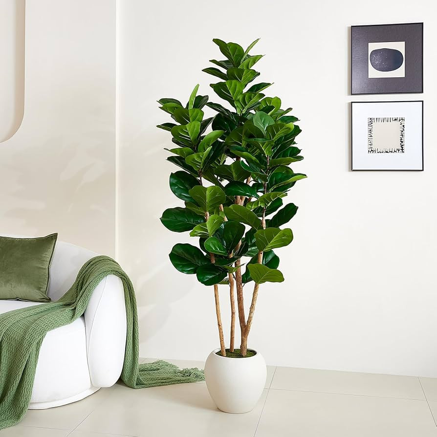 VeriNatural 6FT Artificial Fiddle Leaf Fig Tree with White Planter - Tall Fake Tree, 3 Real Wood ... | Amazon (US)