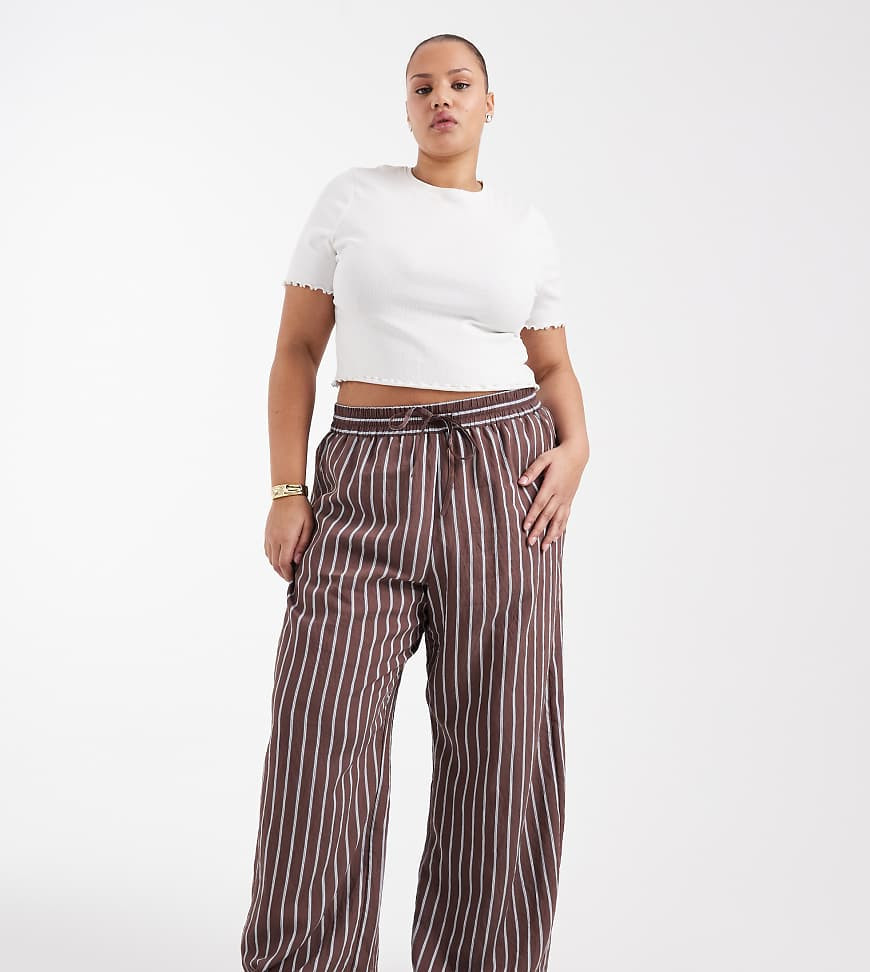 New Look Curve stripe wide leg trousers in brown | ASOS (Global)