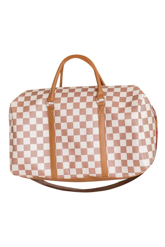 Boujee Weekend Away Camel Checkered Duffle Bag | Pink Lily