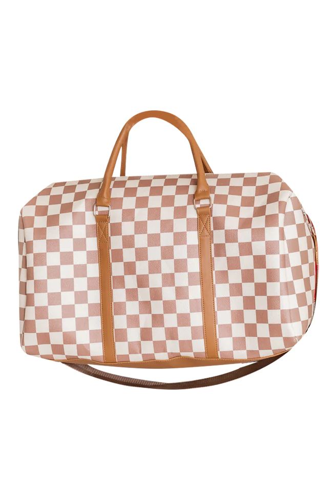 Boujee Weekend Away Camel Checkered Duffle Bag | Pink Lily