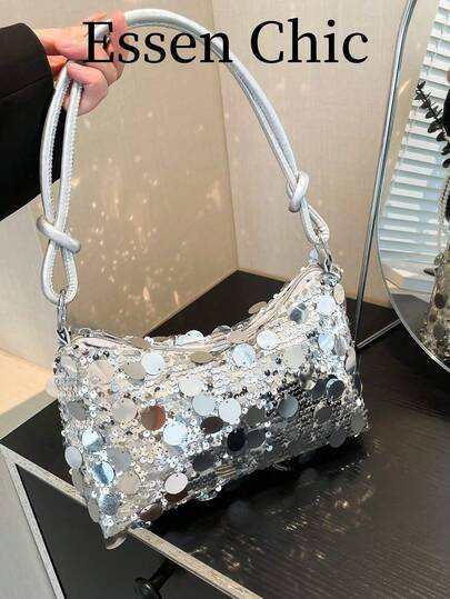 1pc Gold Color Crescent Moon Shape Glitter PVC Shoulder Bag For Women, New , Beach | SHEIN