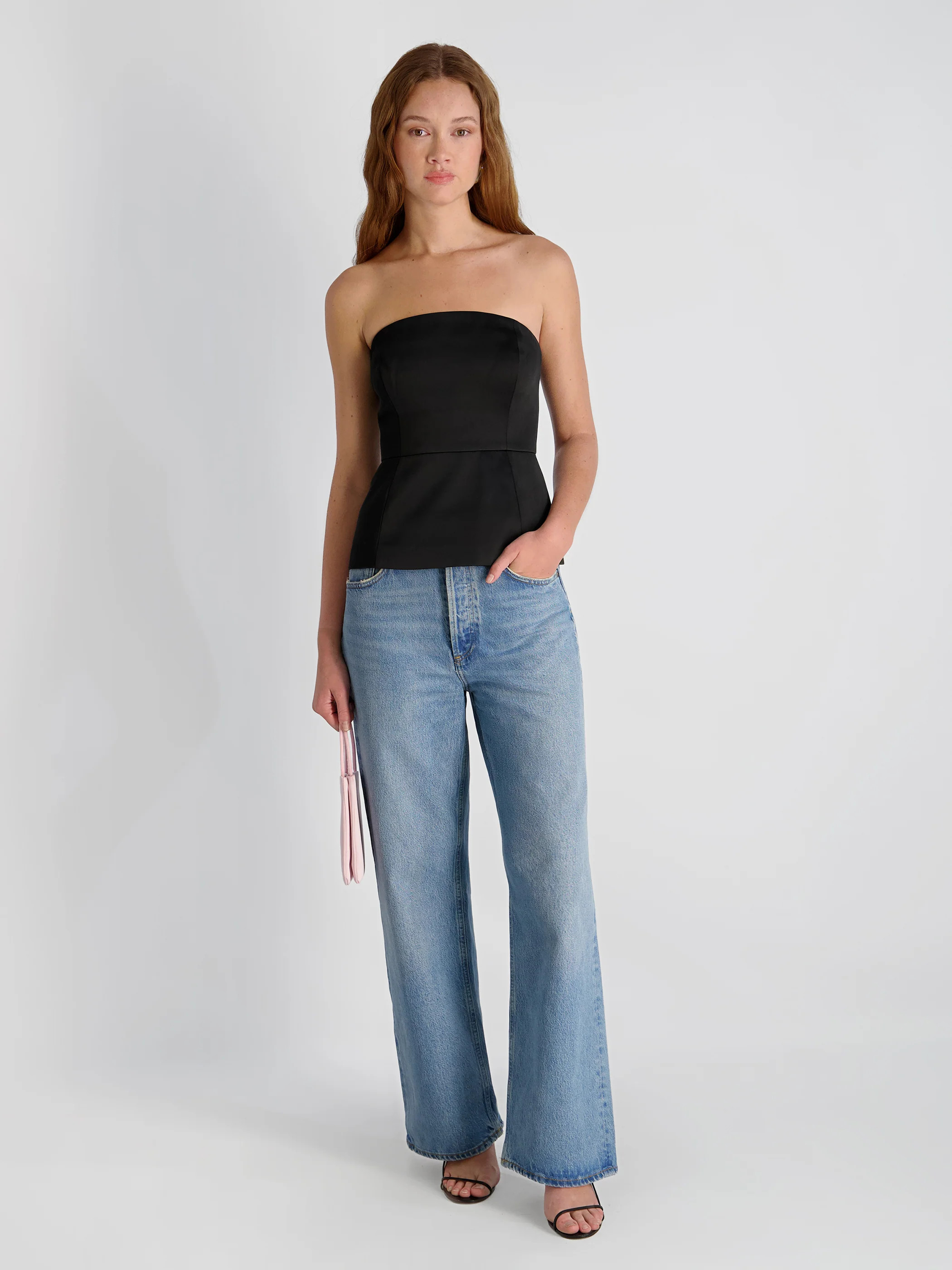 YORK SATIN STRAPLESS PEPLUM TOP | French Connection (US)