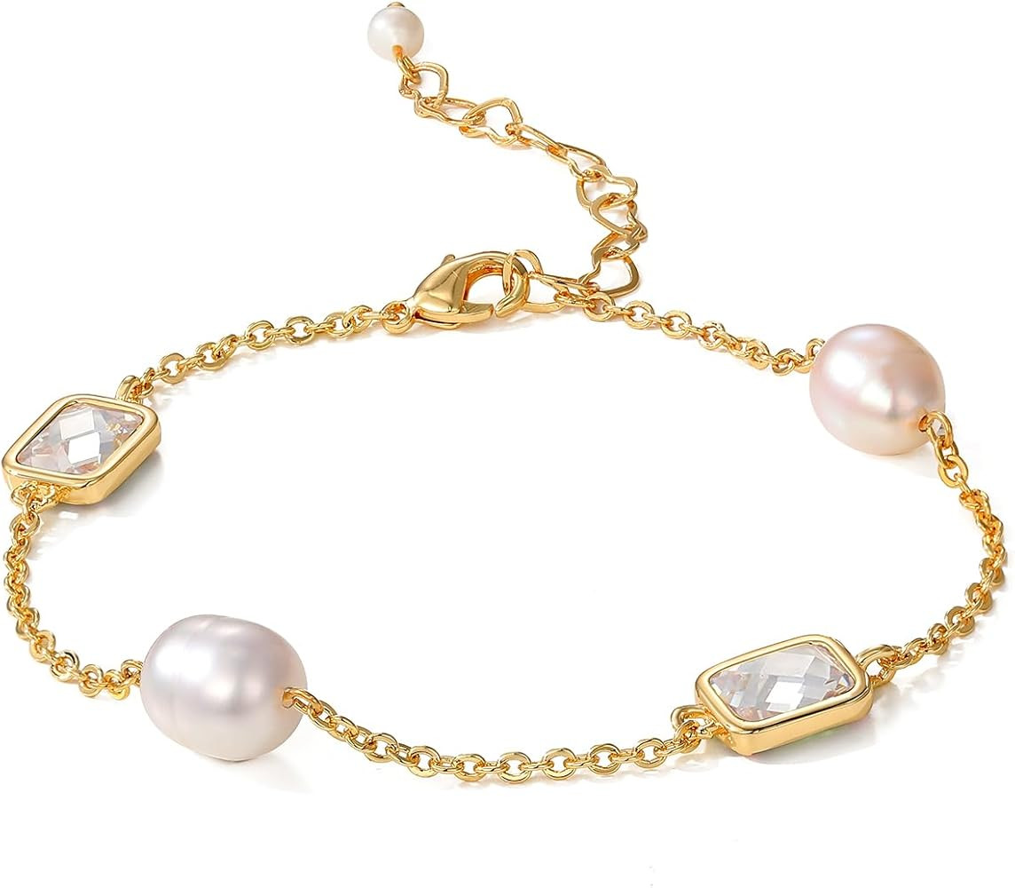 XYJZXY Gold Tiny Pearl Bracelet 18K Gold Plated Baroque Freshwater Pearl Bracelet for Women Cubic... | Amazon (US)