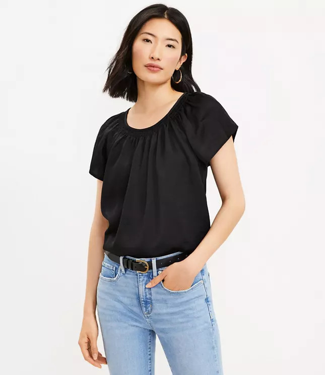 Smocked Flutter Sleeve Mixed Media Top | LOFT