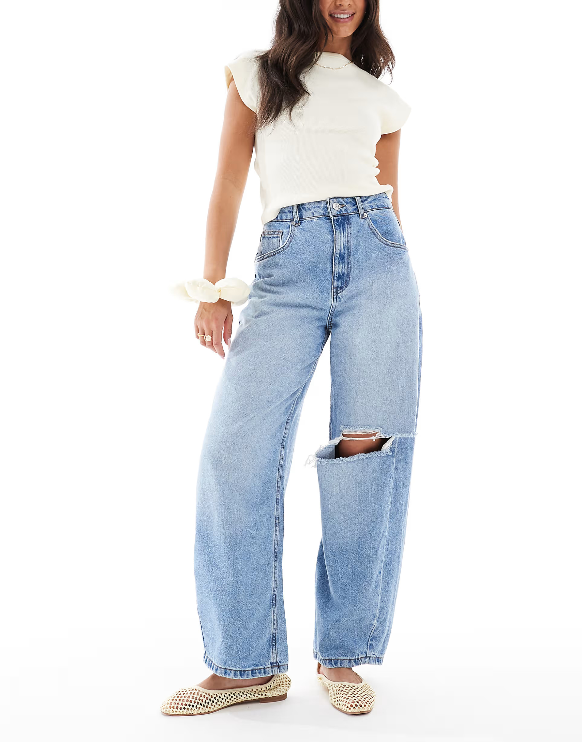 ASOS DESIGN high waisted barrel jeans in soft midwash with knee rip | ASOS | ASOS (Global)