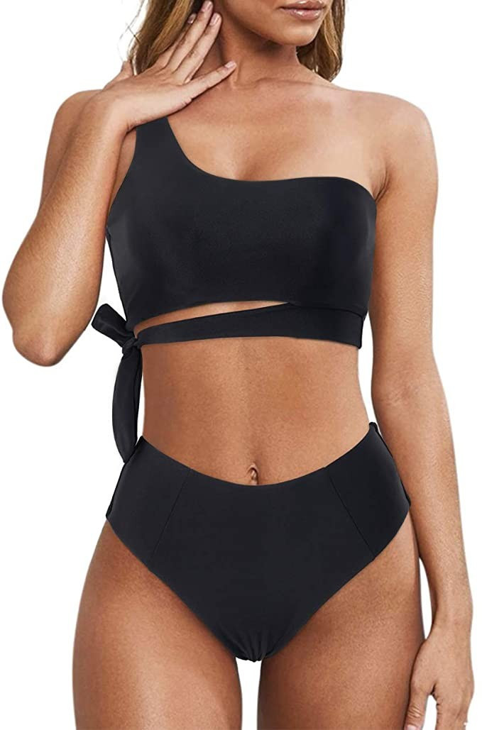 MOOSLOVER Women One Shoulder High Waisted Bikini Black Bikini Black Swimsuit | Amazon (US)
