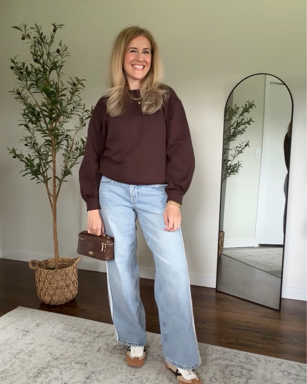 Walmart puff sleeve sweatshirt by Scenario, size medium. Jeans tts 6. #walmartfashion

#LTKOver40