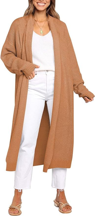 Meenew Women's Shawl Collar Maxi Cardigan Open Front Long Knitted Sweater with Pockets | Amazon (US)