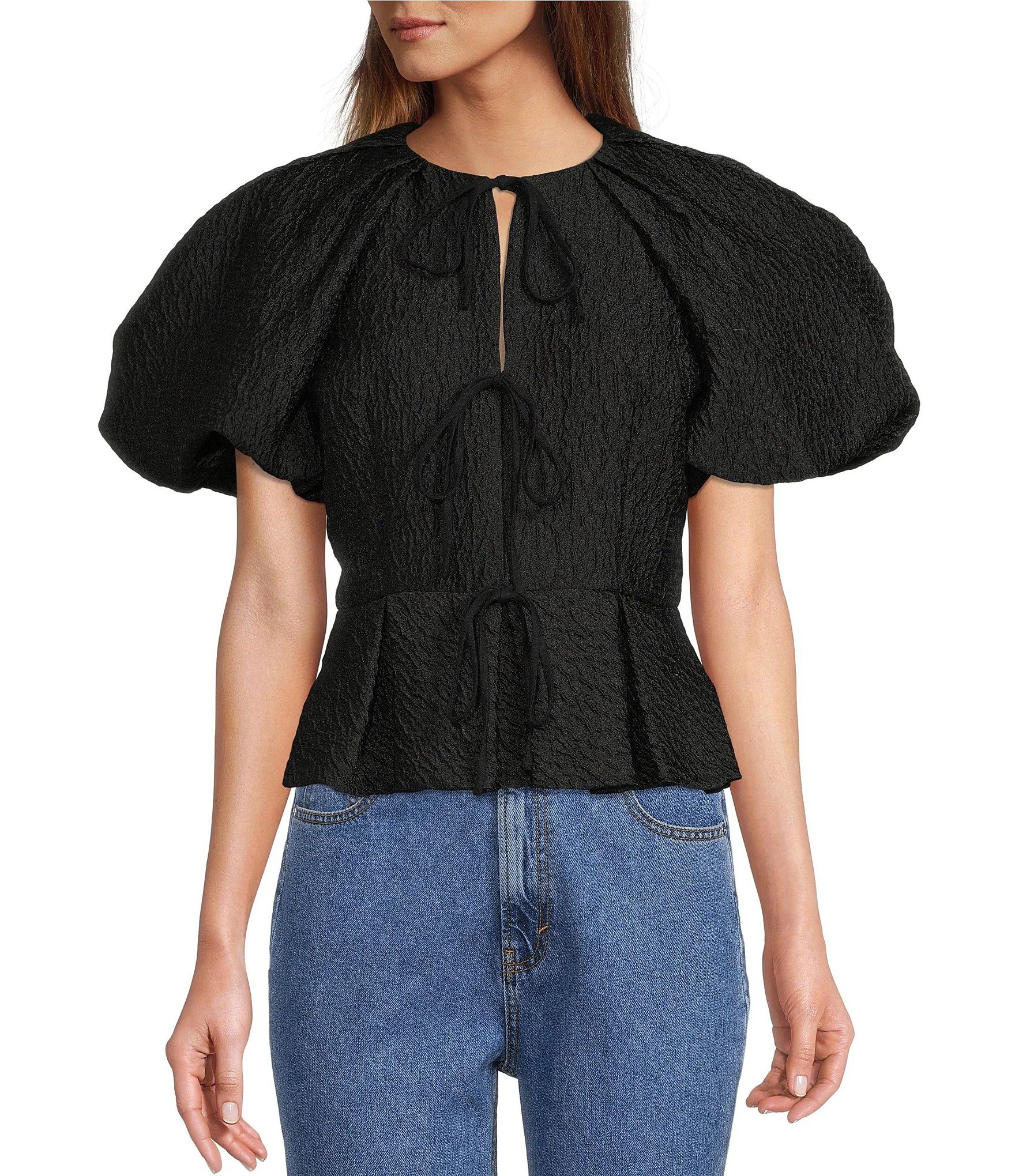 x Courtney Grow Aster Crew Neck Short Puff Sleeve Tie Front Ruffle Hem Blouse | Dillard's