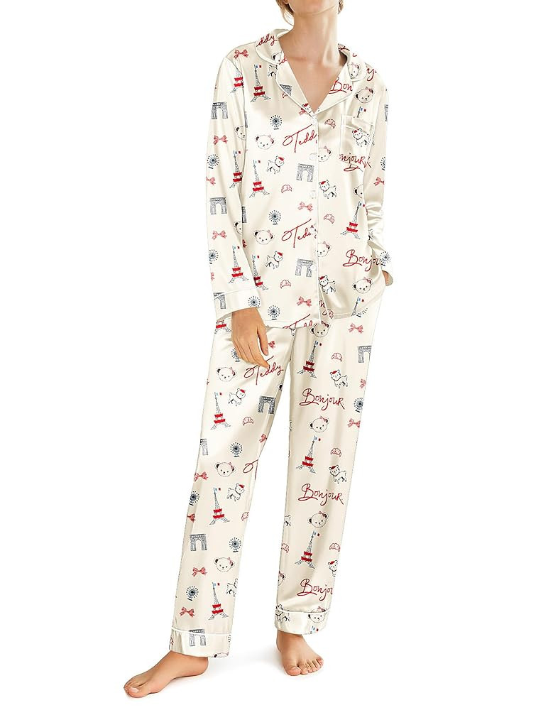 Ekouaer Silk Satin Pajamas for Women Teddy Bear Pjs Set Button Down Long Sleeve Loungewear Cute S... | Amazon (US)