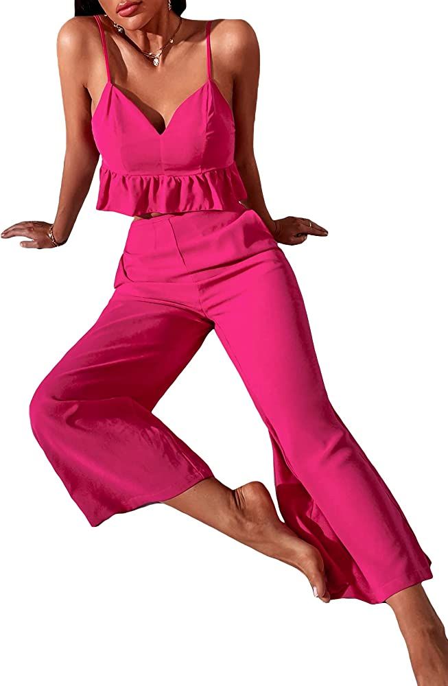 Floerns Women's 2 Piece Outfit Ruffle Hem Cami Crop Top and Long Pants Set | Amazon (US)