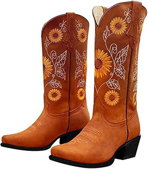 heelchic Women's Sunflower Printed Western Boots Cowgirl Round Toe Short Boots Embroidered Boots | Amazon (US)