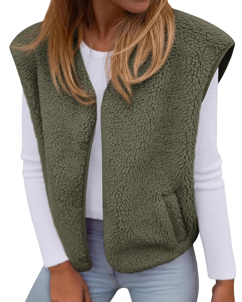 KIRUNDO Women's Fall Winter Fleece Vest 2025 Trendy Sleeveless Sherpa Jacket Button Down Open Fro... | Amazon (US)