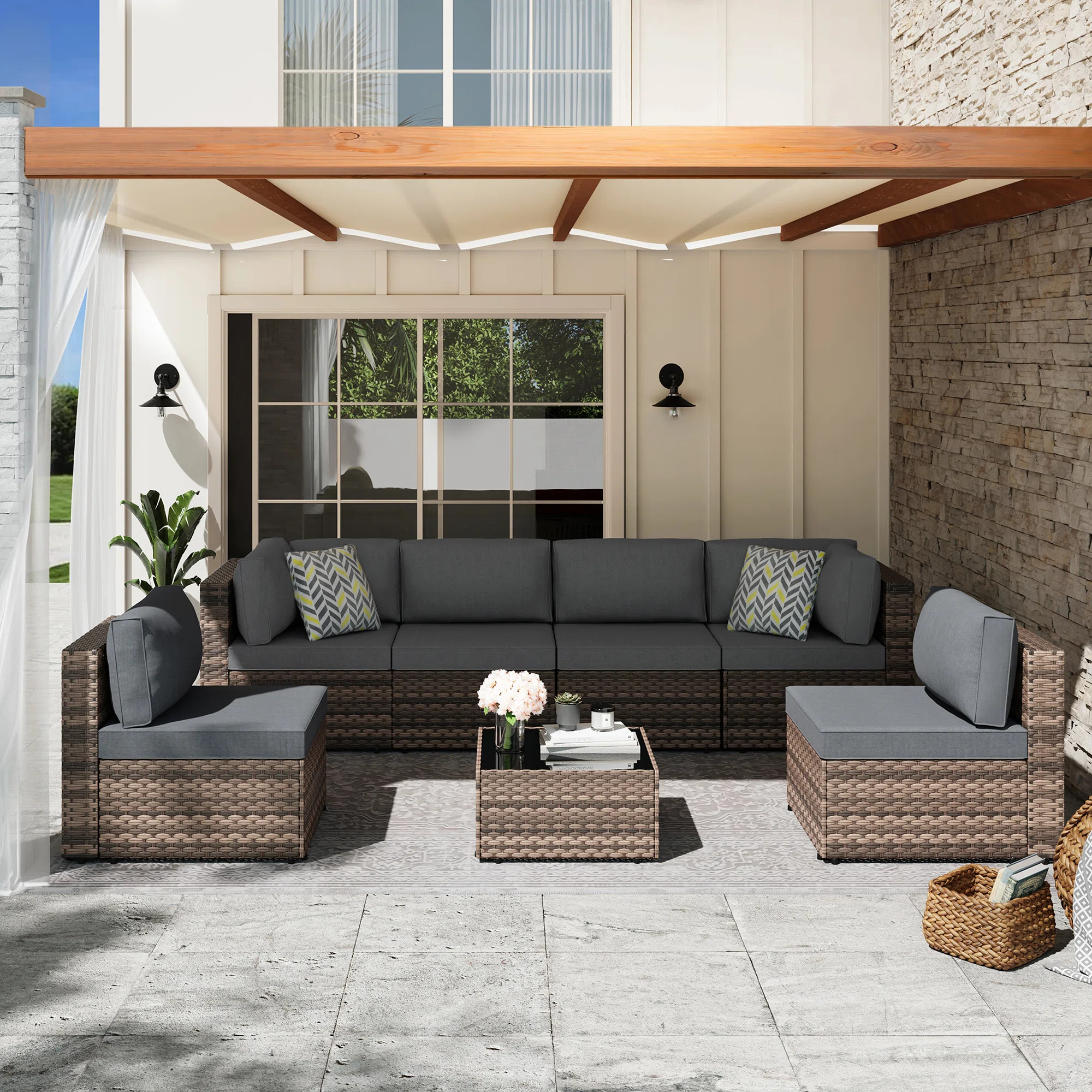7 Pieces Patio Rattan Complete Patio Set with Cushions | Wayfair North America