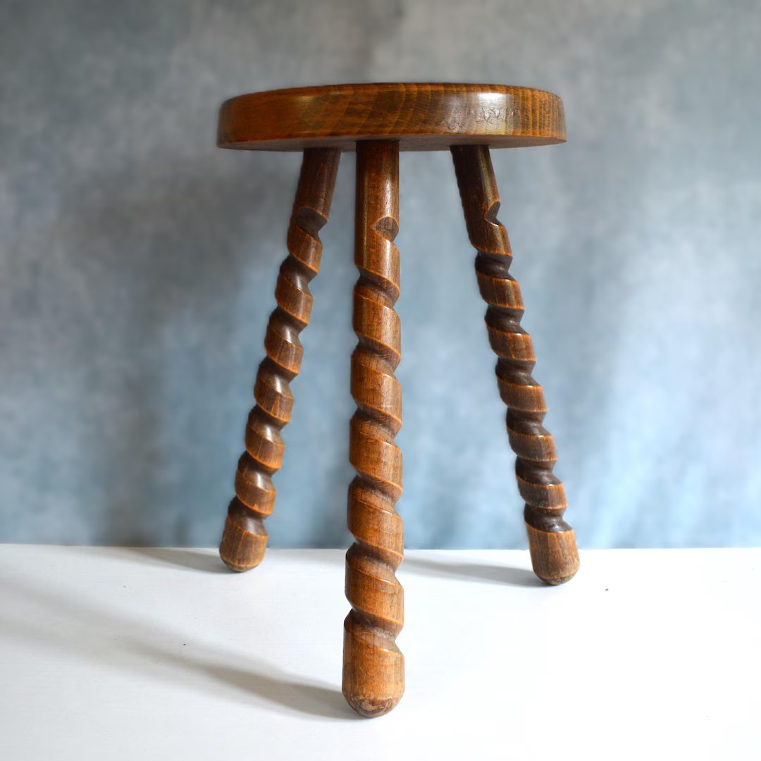 Vintage French Wooden Stool, Tripod Stool Spiral Barley Twist Legs, Bullseye Seat, Farmhouse Kitc... | Etsy (US)