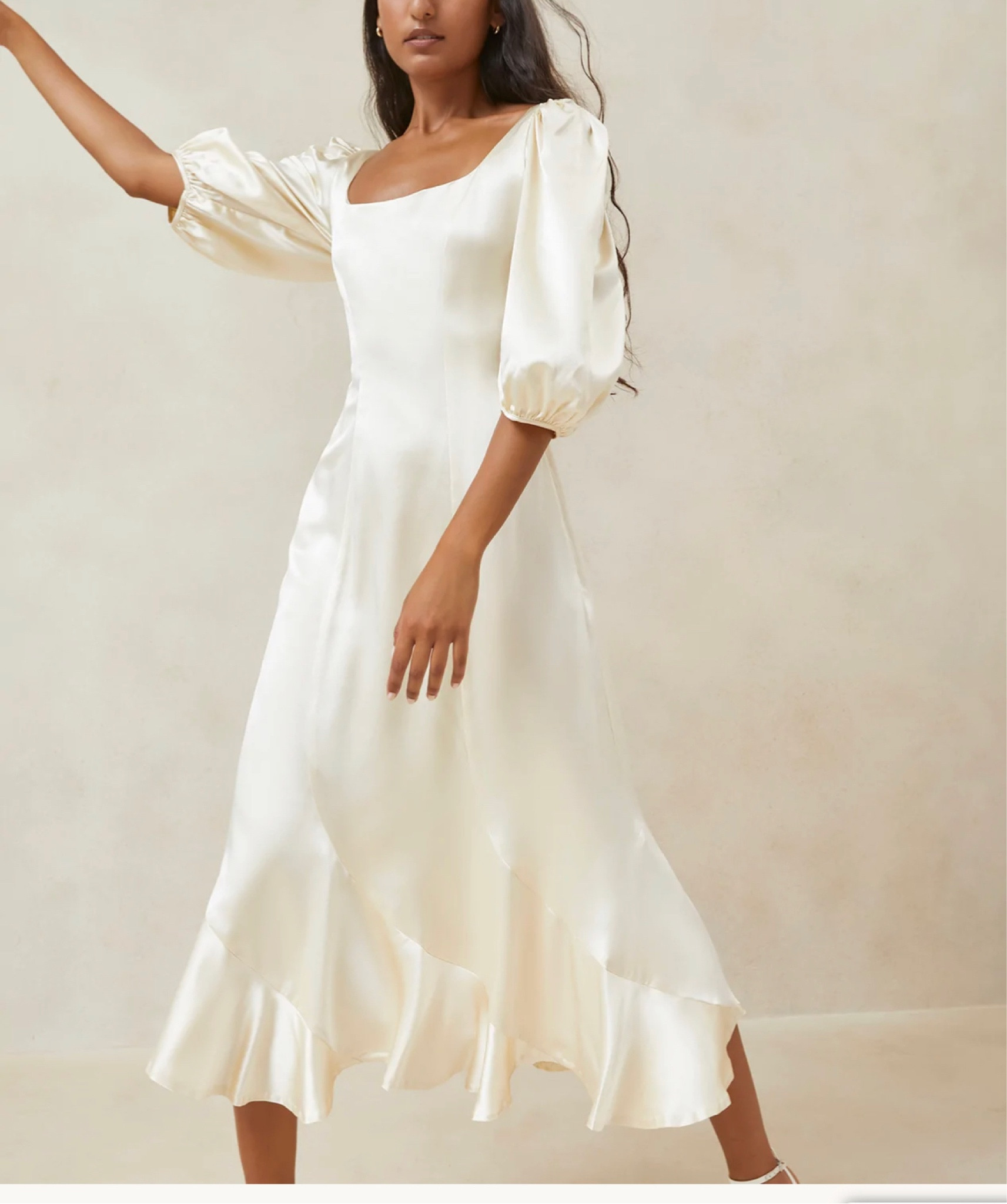 Silky ivory/ white puff sleeve midi - pretty for a bride or bridal event, holidays 

#LTKstyletip #LTKwedding #LTKSeasonal