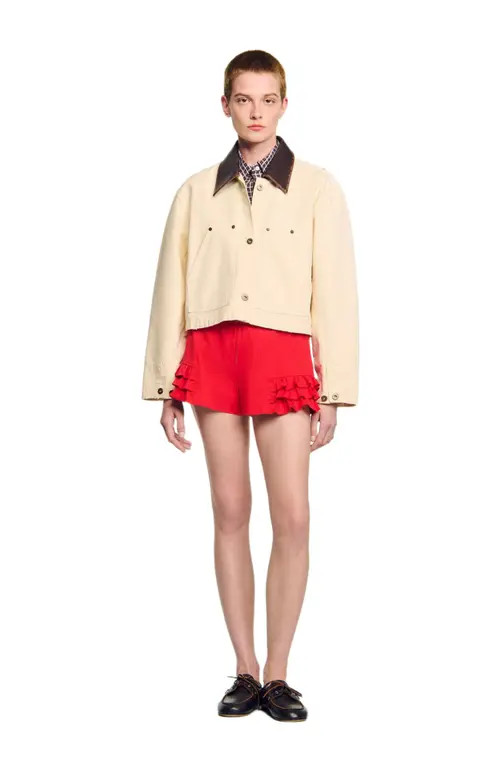 SANDRO Leather collar workwear jacket in Ecru at Nordstrom, Size 42 Eu | Nordstrom