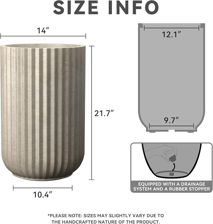 Kante Tall Fulted Planter, 21.7 Inch Tall Round Concrete Plant Pots with Drainage Hole and Rubber... | Amazon (US)