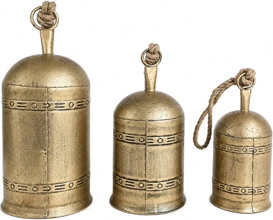 3 Piece Cowbell Set, Etched Antique Gold Iron with Jute Rope, Organic Decor | Amazon (US)