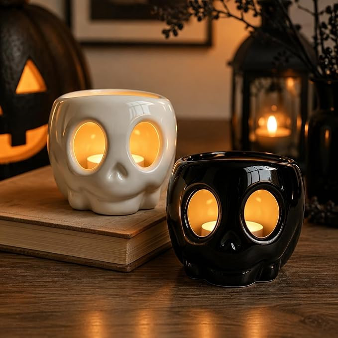 Halloween Decorations Indoor - Skull Candle Holder Set for Home Table Decor | Ceramic Tea Light H... | Amazon (US)