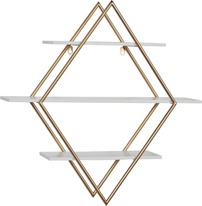 Deco 79 Wood 3 Shelf Wall Shelf with Diamond Shape, 20" x 6" x 20", Gold | Amazon (US)