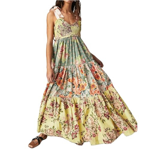 Women Summer Dresses Flowy Smocked Maxi Dress Sleeveless Tie Shoulder Boho Dresses Y2K Floral Bea... | Amazon (US)